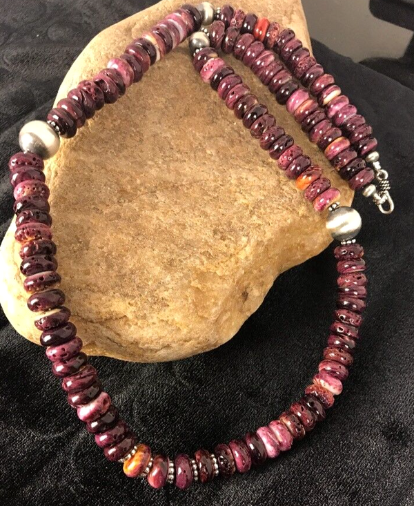 Purple Spiny Oyster 10mm Bead Navajo Beads Necklace | Sterling Silver | Authentic Native American Handmade | 00409