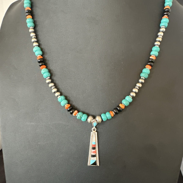 Multicolor Turquoise Spiny Zuni Inlay Pendant Necklace | Sterling Silver | Authentic Native American Handmade | 19664