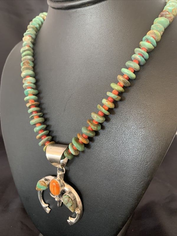 Blue Turquoise Spiny Oyster Naja Pendant Navajo Necklace | Sterling Silver | Authentic Native American Handmade | 10255