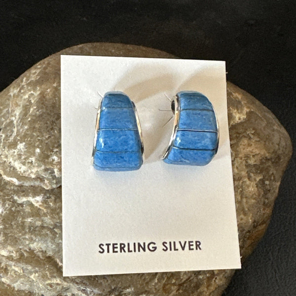 Southwestern Blue Denim Lapis Stud Inlay Earrings 1" | Sterling Silver | Authentic Native American Handmade | 19268