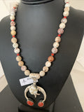 White Buffalo Turquoise Coral Naja Pendant Navajo Necklace | Sterling Silver | Authentic Native American Handmade | 01434