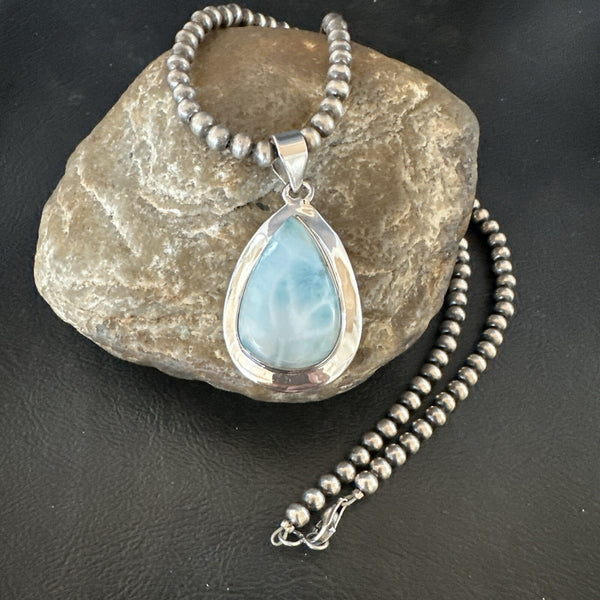 Women's Blue Larimar Pendant Navajo Beads Necklace | Sterling Silver | Authentic Native American Handmade | 17717