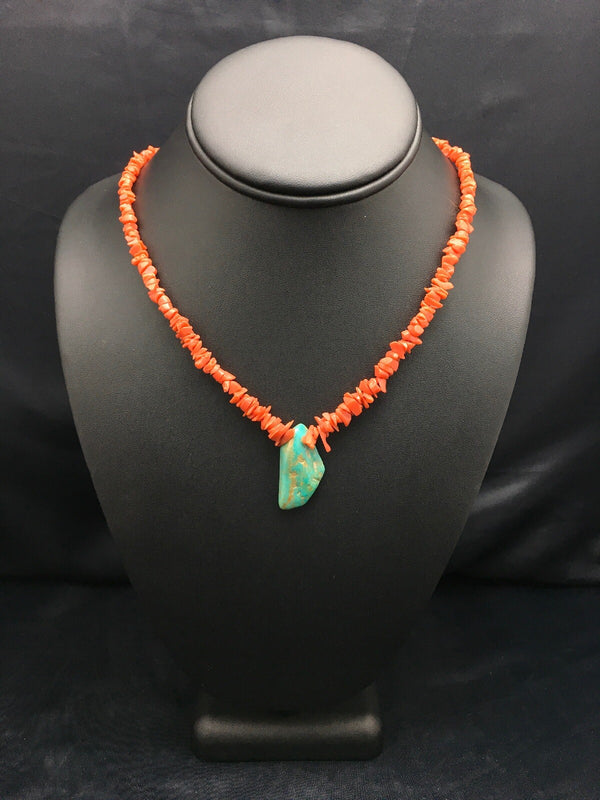 Turquoise Pendant Coral Brass Old Pawn Necklace 19" | Authentic Native American Handmade | 04006