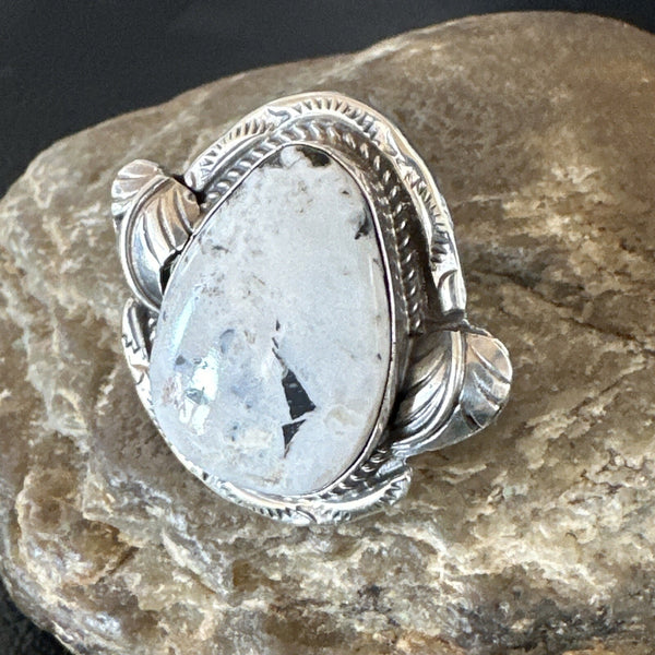 Men's Women's White Buffalo Turquoise Navajo Ring Size 10 | Sterling Silver | Authentic Native American Handmade | 18104