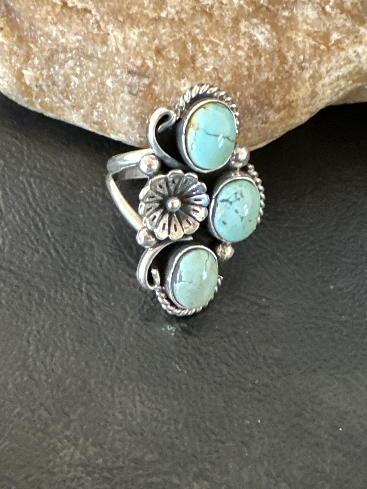 Yazzie Ring Blue Turquoise Navajo Sterling Silver Cluster Size 8 19220