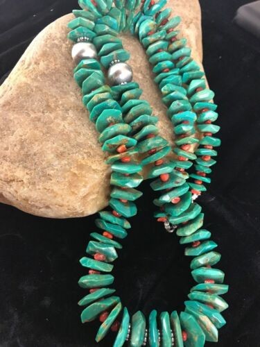 Navajo Turquoise Spiny Oyster Necklace 30" | Sterling Silver | Authentic Native American Handmade | 8063