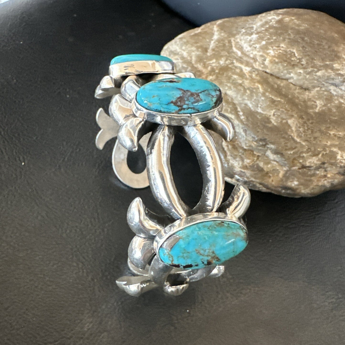 Tufa Cast Blue Turquoise 3 Stone Navajo Sterling Silver Cuff Bracelet 18572