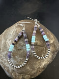 Blue Turquoise Purple Stone Heishi Navajo Beads Earrings 2" | Sterling Silver | Authentic Native American Handmade | 17838