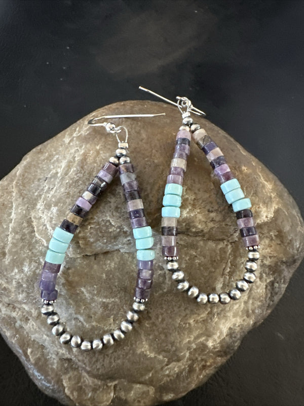 Blue Turquoise Purple Stone Heishi Navajo Beads Earrings 2" | Sterling Silver | Authentic Native American Handmade | 17838