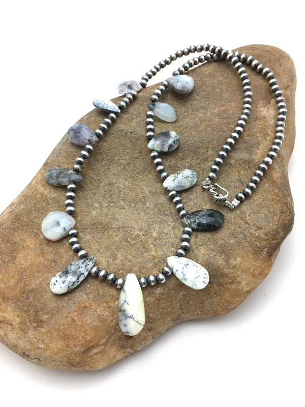 Black Rutile Opal Pear Shaped Navajo Pearls Necklace | Sterling Silver | Authentic Native American Handmade | 4092