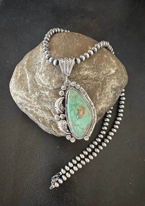 Women's Navajo Pearls Royston Turquoise Necklace Pendant | Sterling Silver | Authentic Native American Handmade | 19364