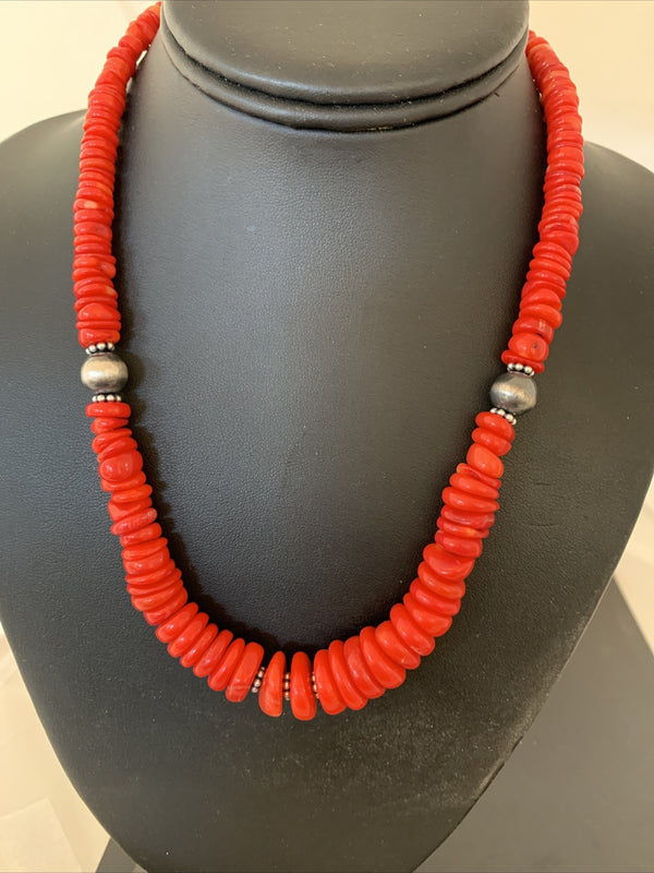 Red Coral Graduated Navajo Pearls Bead Necklace 18" | Sterling Silver | Authentic Native American Handmade | 01950
