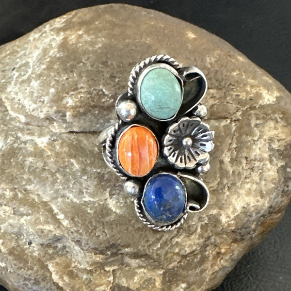 Yazzie Ring Turquoise Lapis Spiny Navajo Cluster Sz 8.5 | Sterling Silver | Authentic Native American Handmade | 19315