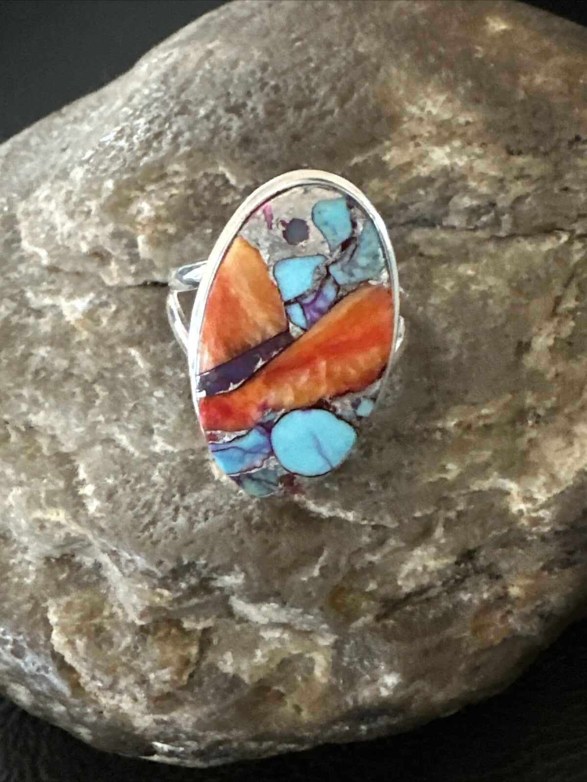 Blue Turquoise Spiny Oyster Southwestern Sterling Silver Ring Size 8 18436