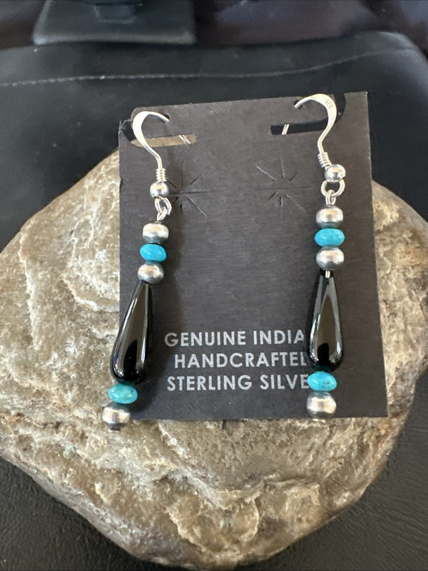 Navajo Blue Turquoise Black Onyx Bead Dangle Earrings | Sterling Silver | Authentic Native American Handmade | 18645