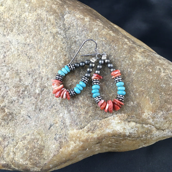 Turquoise Spiny Oyster Navajo Earrings 1.25" | Sterling Silver | Authentic Native American Handmade | 2034