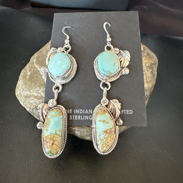 Green Royston Turquoise Navajo Dangle Earrings | Sterling Silver | Authentic Native American Handmade | 19601