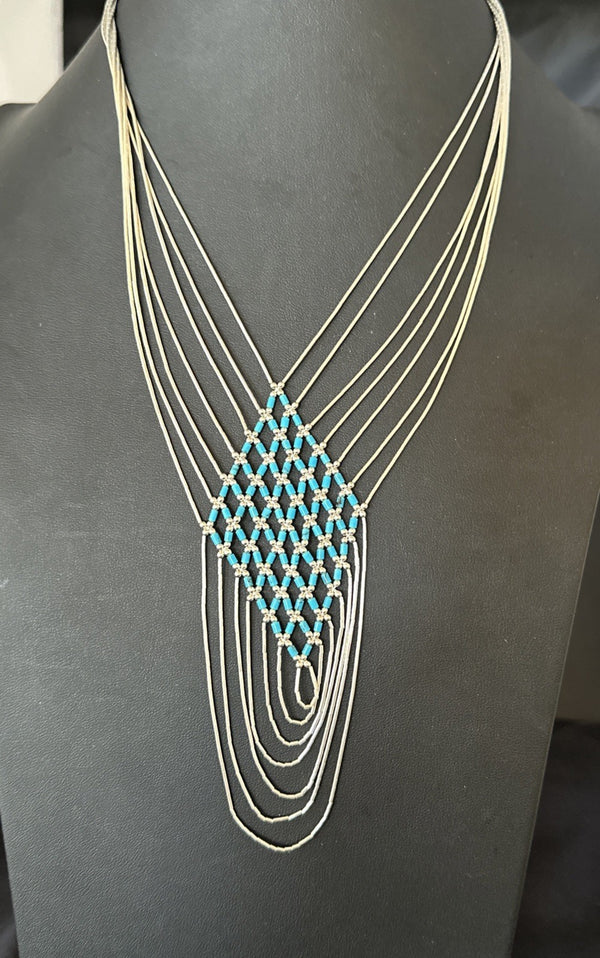Turquoise Heishi Tubes Pendant 7 Strand Liquid Necklace | Sterling Silver | Authentic Native American Handmade | 19748