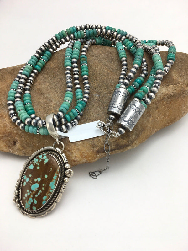 Spider Web Turquoise Pendant Navajo Bead 3 Strand Necklace 21" | Sterling Silver | Authentic Native American Handmade