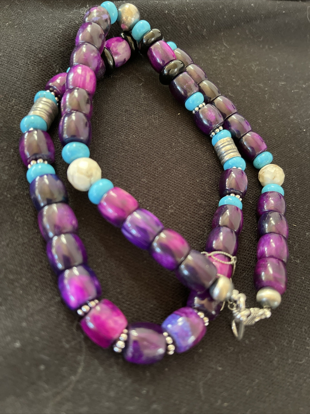 Purple Stone & Turquoise Indian Navajo Pearls Sterling Silver Necklace 01054