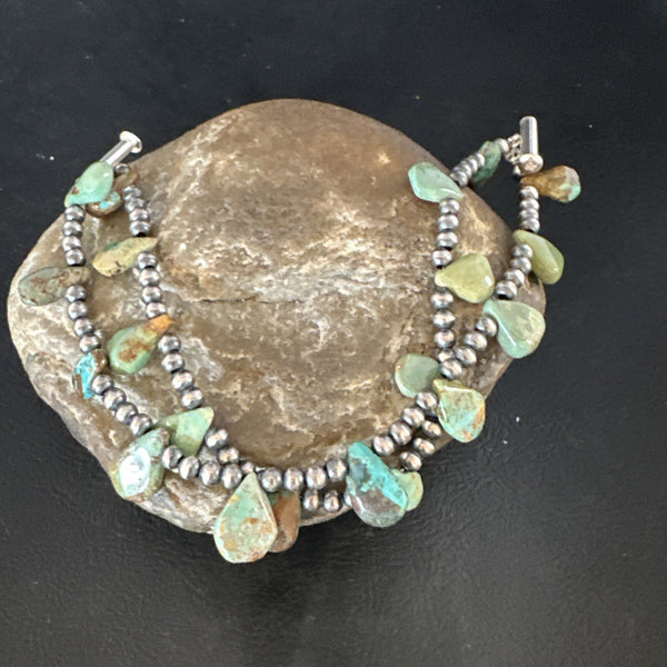 Navajo Beads Green Turquoise Teardrop Bracelet 2S 7.5" | Sterling Silver | Authentic Native American Handmade | 15259