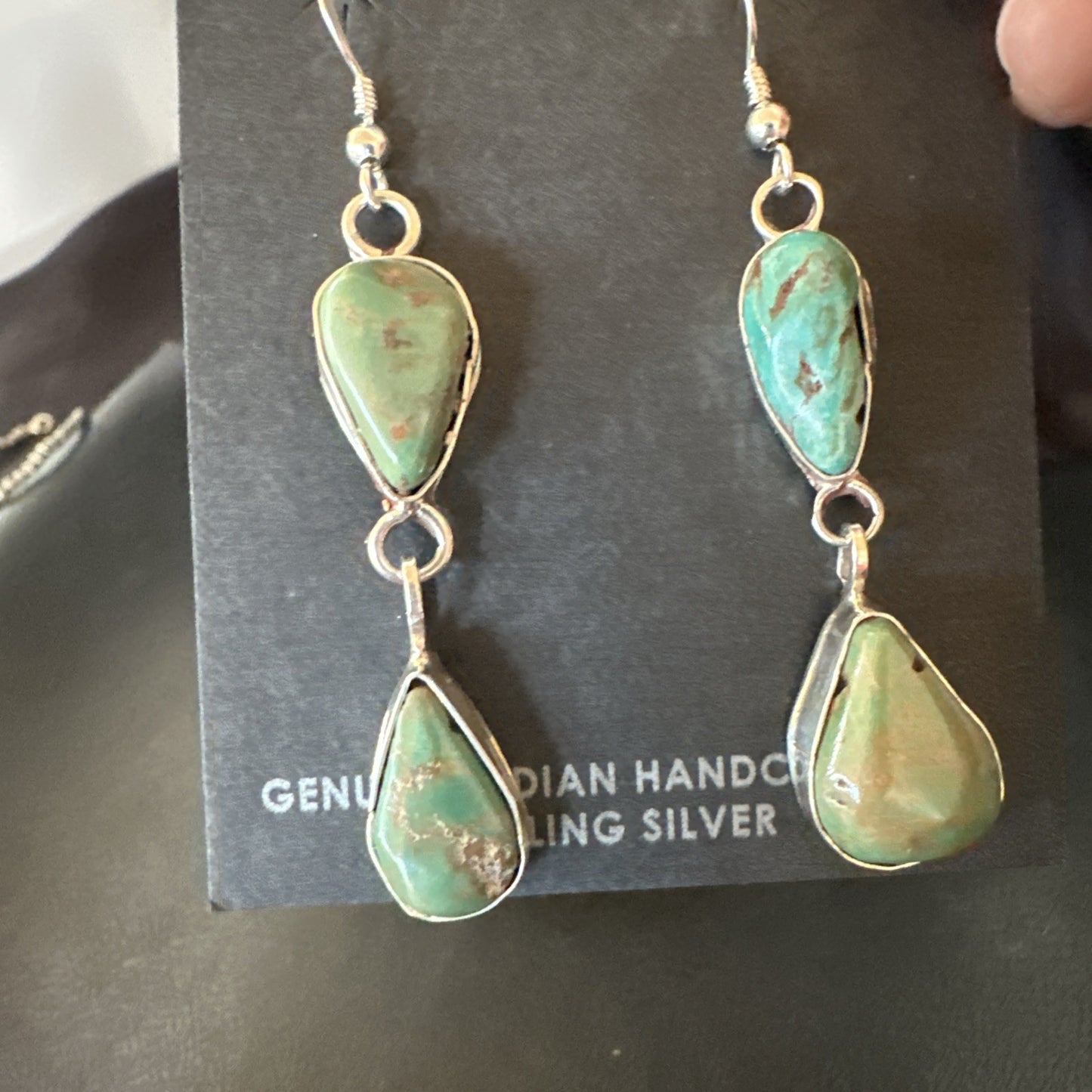 Green Royston Turquoise Navajo Sterling Silver Dangle Earrings 19416