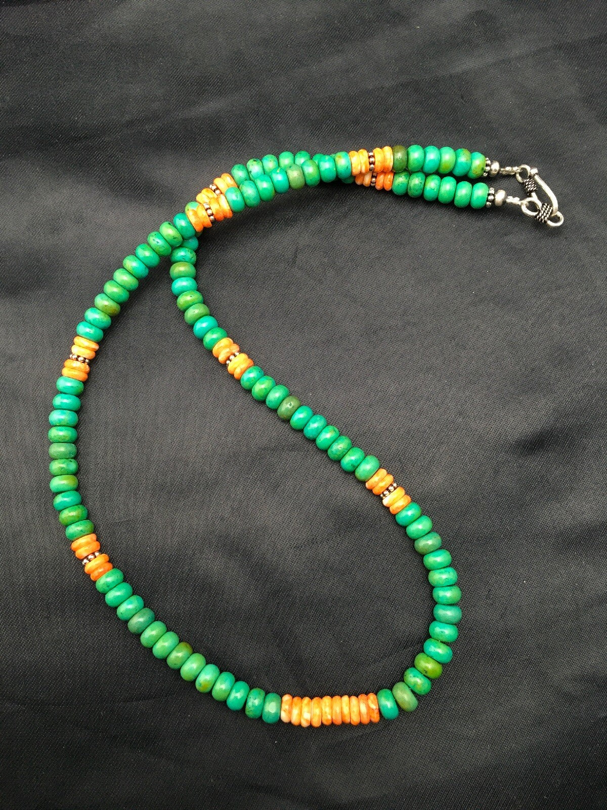 Green Turquoise & Spiny Oyster Navajo Sterling Silver Necklace 19" 04488