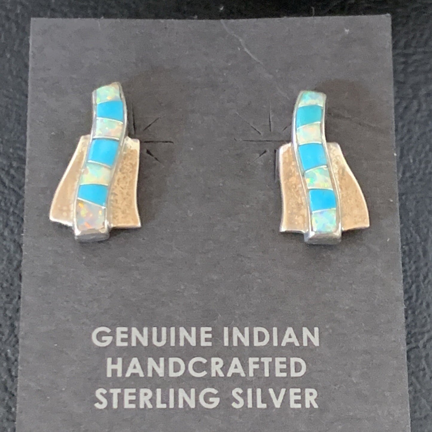 Womens Blue Turquoise & White Opal Navajo Sterling Silver Inlay Earrings 12898
