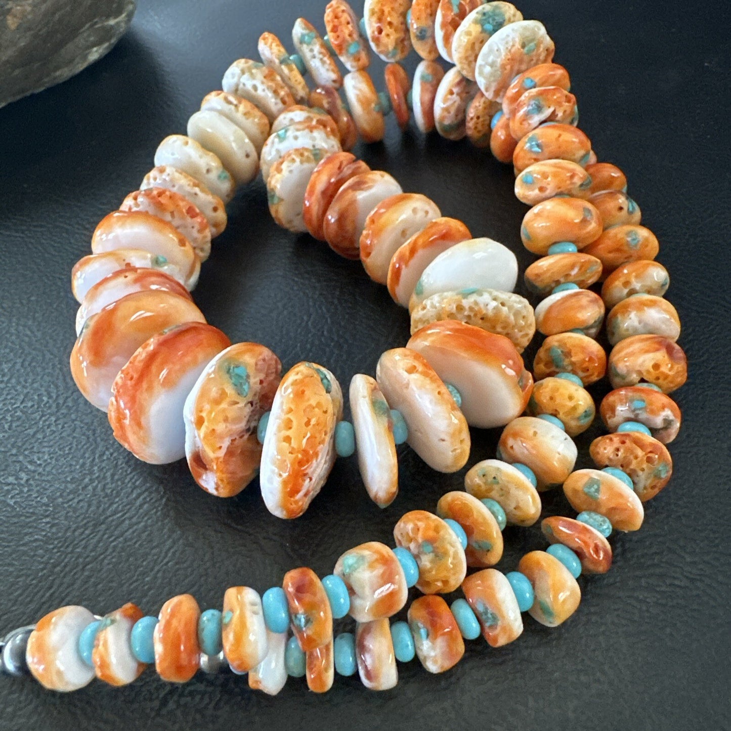 Orange Spiny Oyster Blue Turquoise Navajo Sterling Silver Necklace 23" 18087