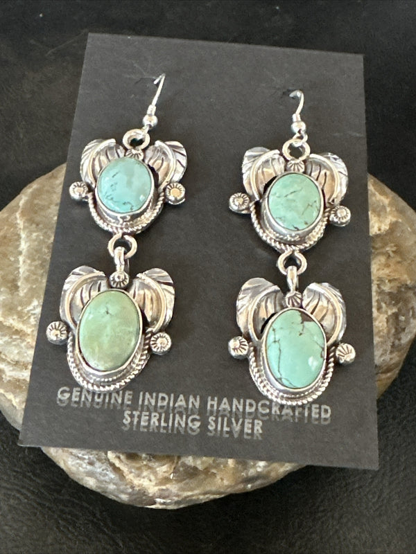 Navajo Blue Creek Turquoise Dangle Earrings 2" | Sterling Silver | Authentic Native American Handmade | 17918