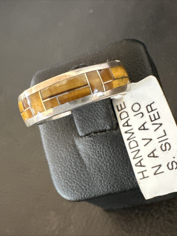 Women Coffee Tigers Eye Navajo Inlay Ring Size 6.5 | Sterling Silver | Authentic Native American Handmade | 18703
