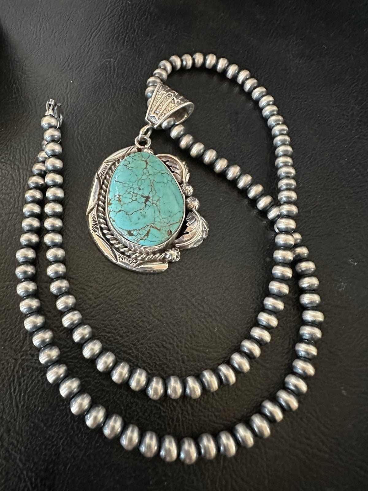 Blue Turquoise #8 Pendant Navajo Pearls Sterling Silver Necklace 19388