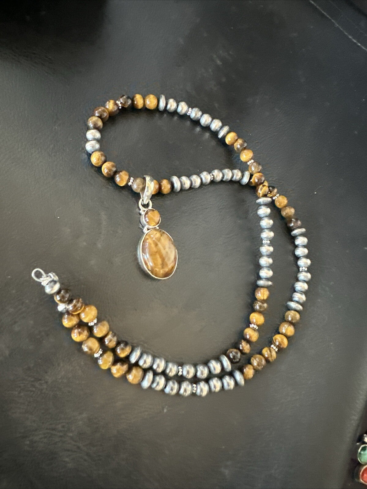 Coffee Brown Tigers Eye Sterling Silver Pendant Necklace Southwestern 18279