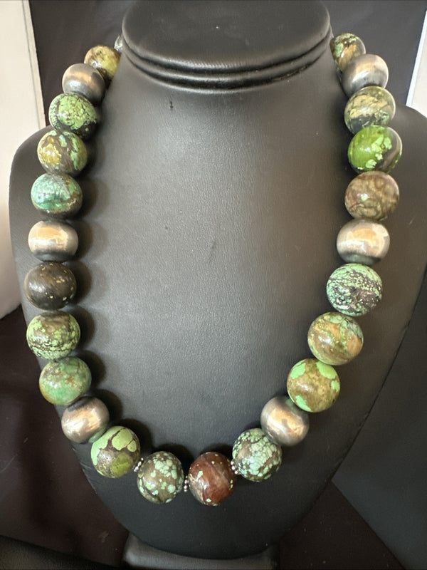 18mm Green Turquoise Round Navajo Pearls Necklace 21" | Sterling Silver | Authentic Native American Handmade | 19145