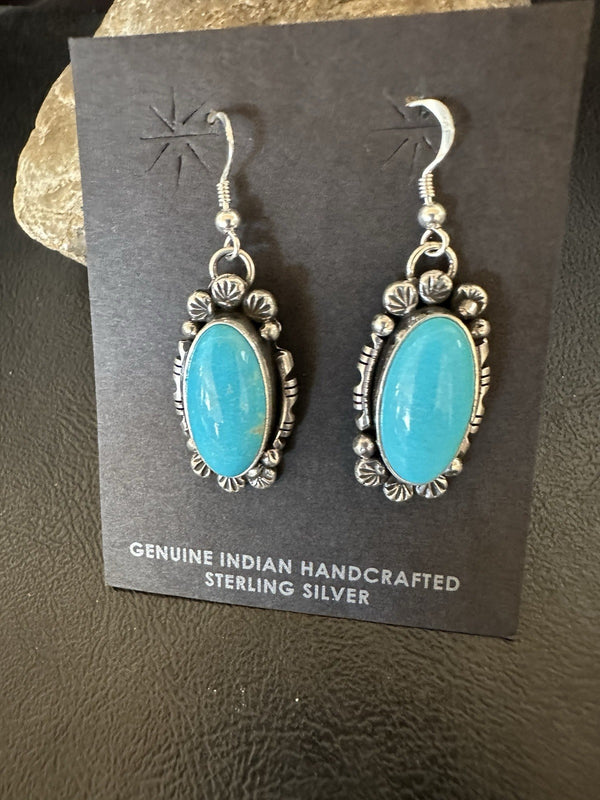 Handmade Blue Turquoise Navajo Dangle Earrings Yazzie | Sterling Silver | Authentic Native American Handmade | 19536