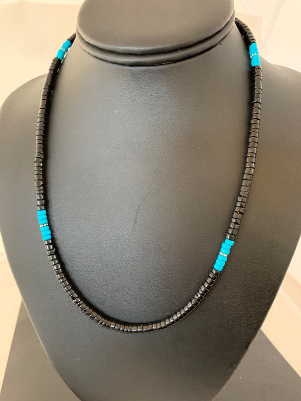 Men's Blue Turquoise Heishi Onyx Necklace Navajo | Sterling Silver | Authentic Native American Handmade | 8823