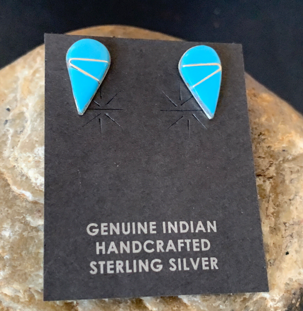 Blue Turquoise Inlay Zuni Dangle Post Earrings 0.5" | Sterling Silver | Authentic Native American Handmade | 12753