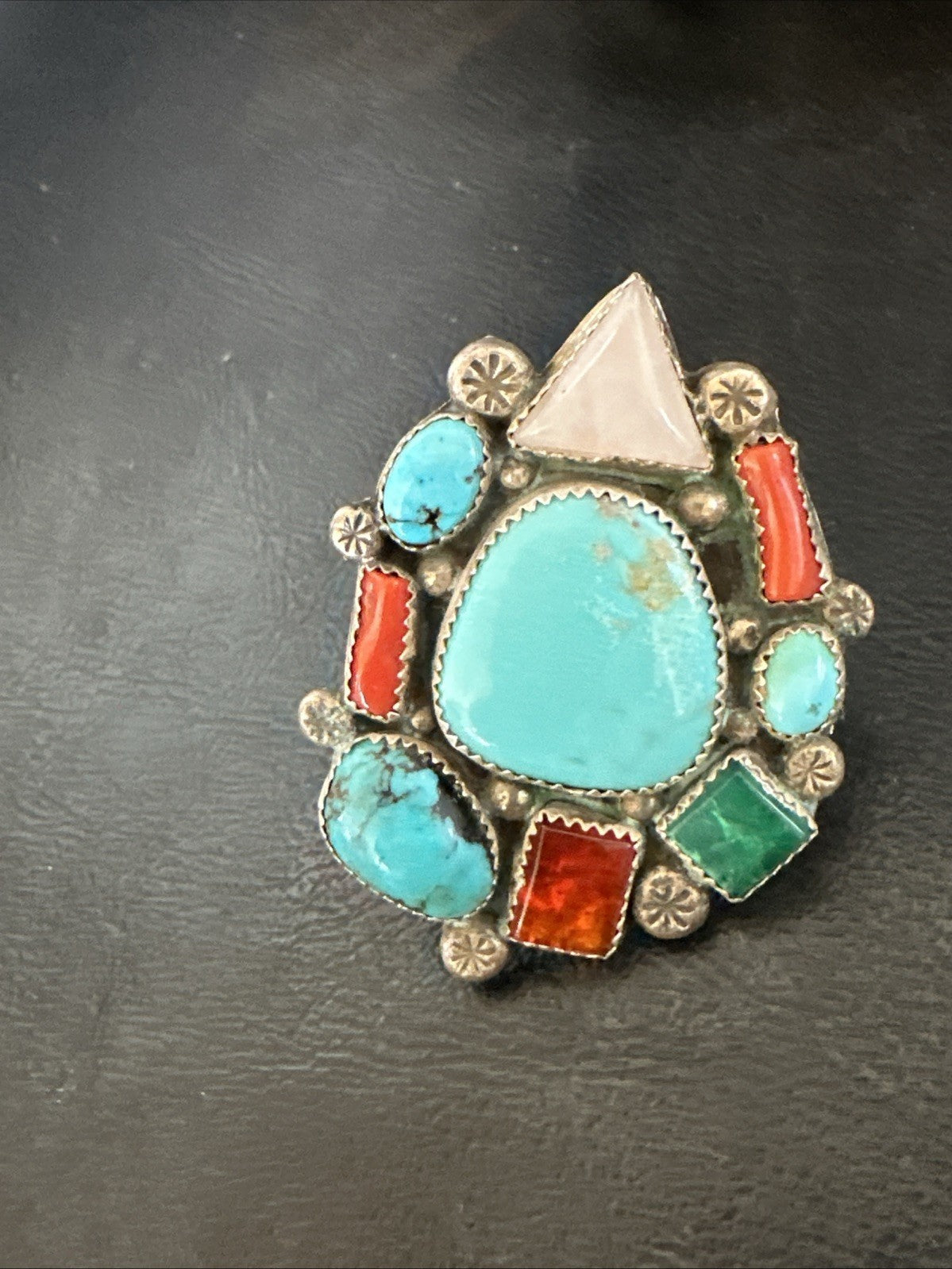 Old Pawn Navajo Blue Turquoise Coral Ring Multi-Stone Cluster Sz 9 19825