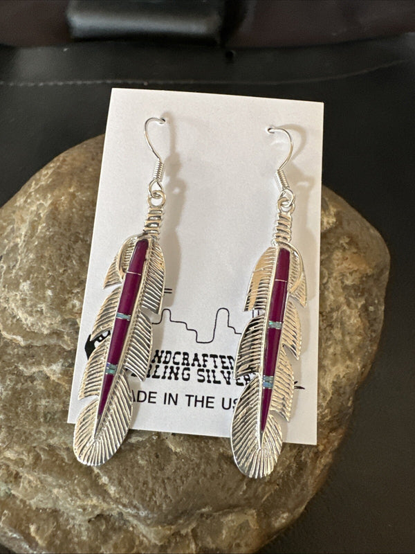 Purple Sugilite Opal Handmade Inlay Feather Earrings | Sterling Silver | Authentic Native American Handmade | 18694