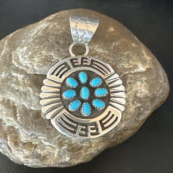 Blue Kingman Turquoise Navajo Cluster Pendant 2" | Sterling Silver | Authentic Native American Handmade | 19285