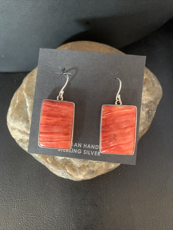 Red Spiny Oyster Navajo Dangle Earrings | Sterling Silver | Authentic Native American Handmade | 14094