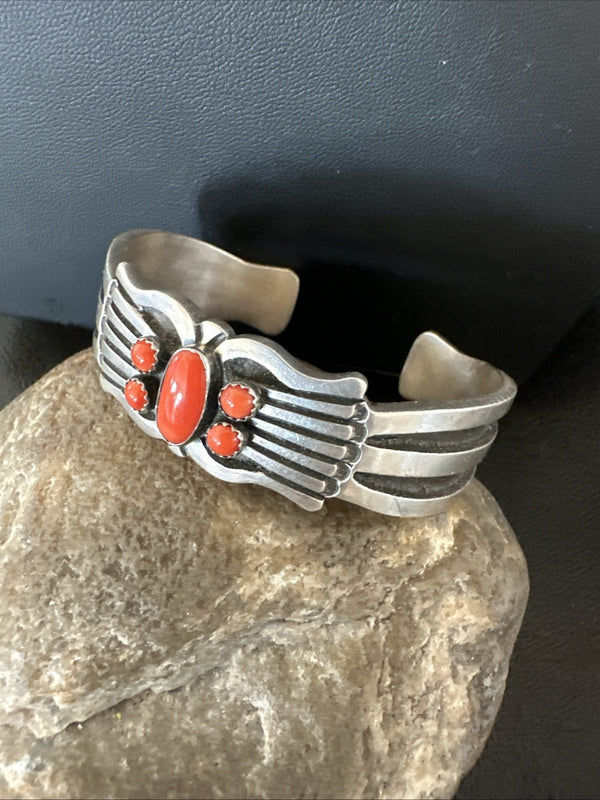 Men's Women's Red Coral Navajo Cluster Cuff Bracelet 7" | Sterling Silver | Authentic Native American Handmade | 19697