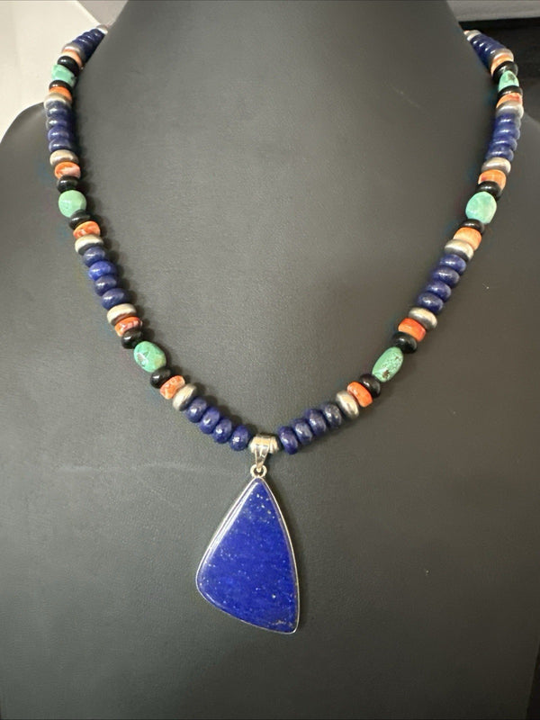 Lapis Turquoise Spiny Necklace Southwestern Pendant 22" | Sterling Silver | Authentic Native American Handmade | 19469