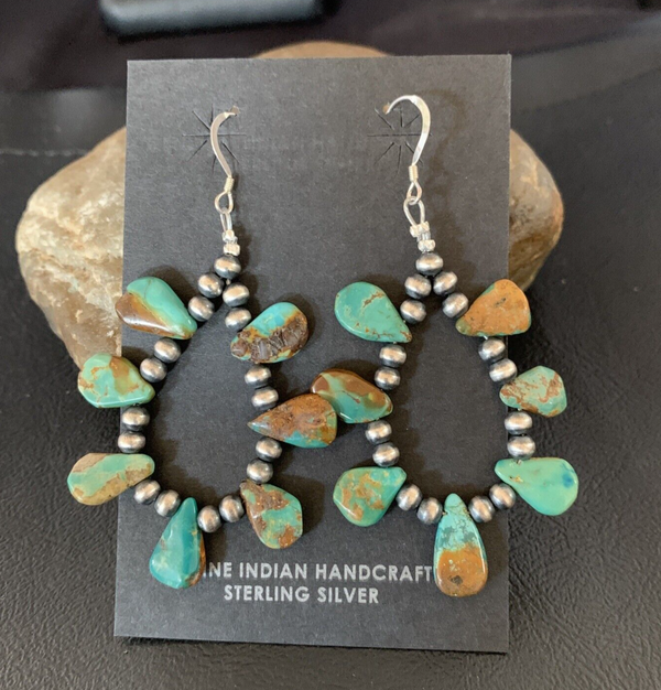 Navajo Green Cluster Turquoise Bead Earrings | Sterling Silver | Authentic Native American Handmade | 13371