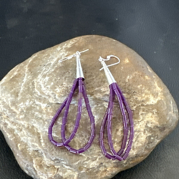 Purple Stone 2 Strands Heishi Dangle Earrings | Sterling Silver | Authentic Native American Handmade | 17929