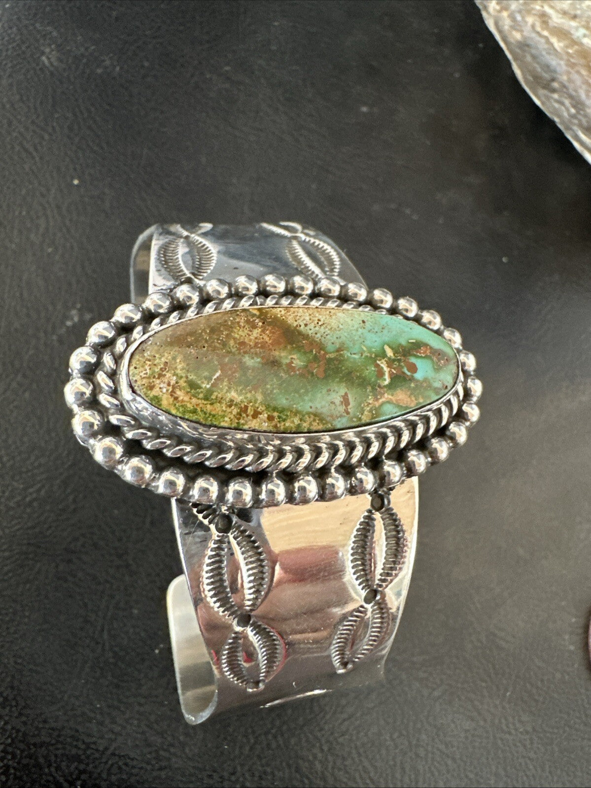 Navajo Green Royston TURQUOISE Stamped Sterling Silver Cuff Bracelet 18642