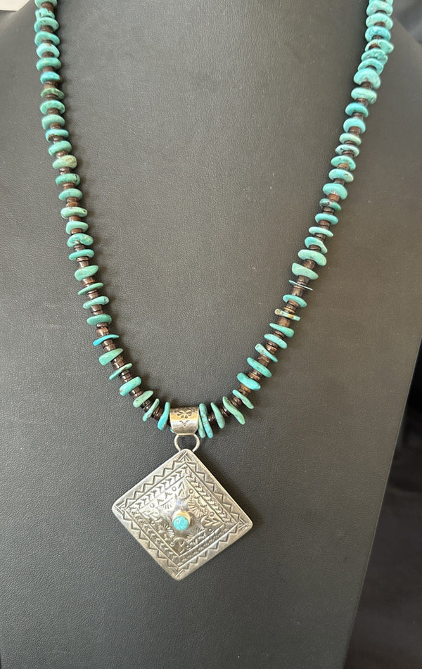 Navajo Blue Turquoise Stamped Pendant Shell 25"Necklace | Sterling Silver | Authentic Native American Handmade | 19706