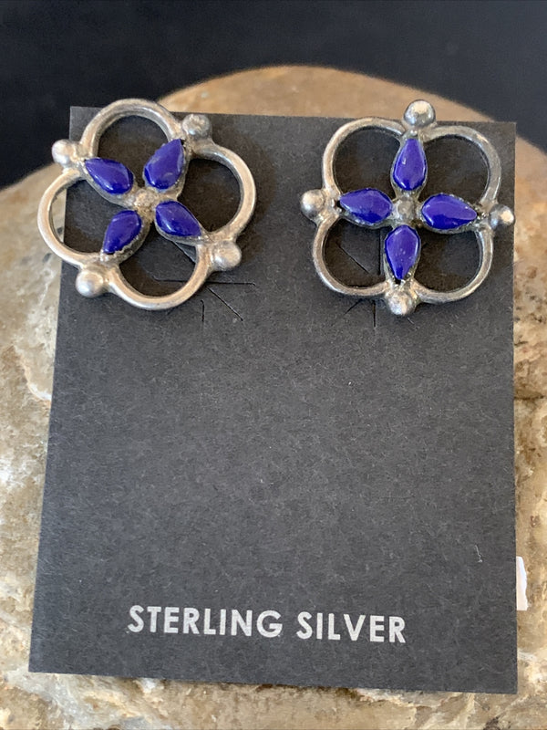 Blue Lapis Multi-Stone Post Stud Inlay Earrings 0.5" | Sterling Silver | Authentic Native American Handmade | 12707