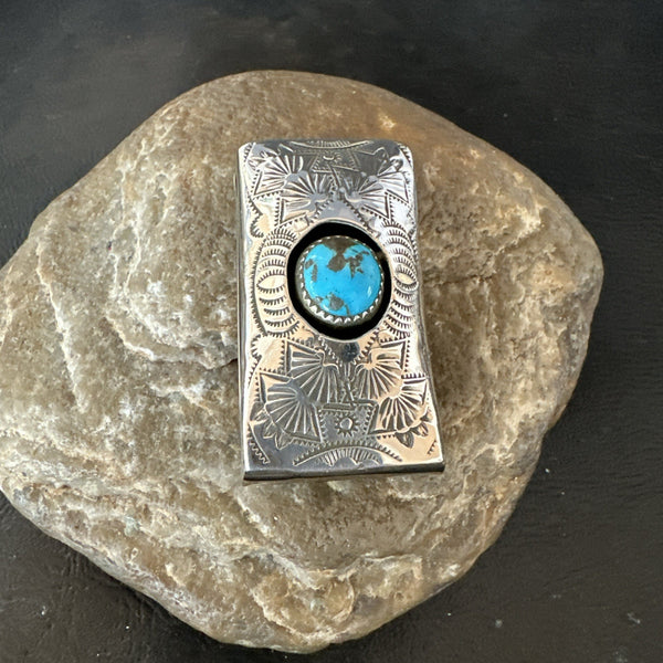 Men's Women's Blue Turquoise Navajo Stainless Stamped Silver Money Clip | Authentic Native American Handmade | 19733