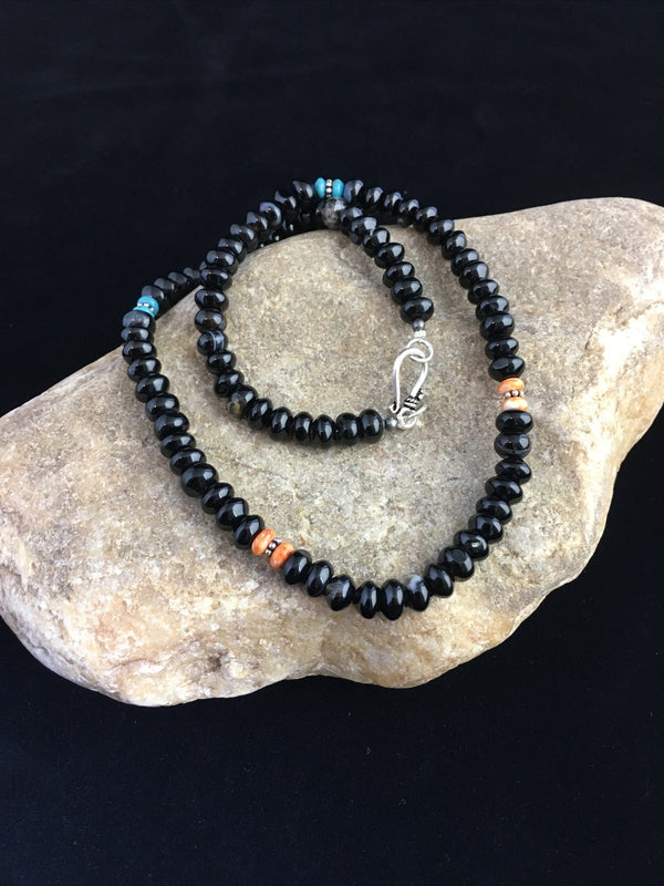 Black Onyx Turquoise Navajo Necklace 18" | Sterling Silver | Authentic Native American Handmade | 10020